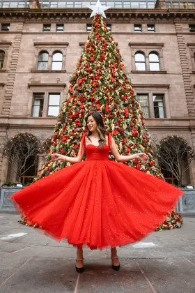 super cute gold star red tulle ankle length dance dress