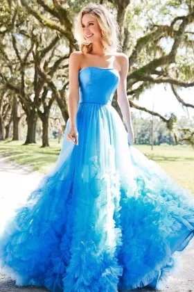 dramatic mini ruffled blue tulle satin long prom dress