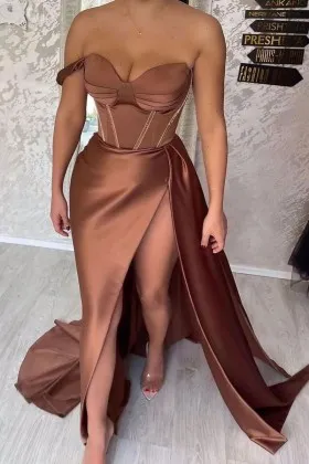 trending brown satin pleated sweetheart slit prom dress