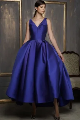 royal blue satin ruffled puffy ankle length prom dress