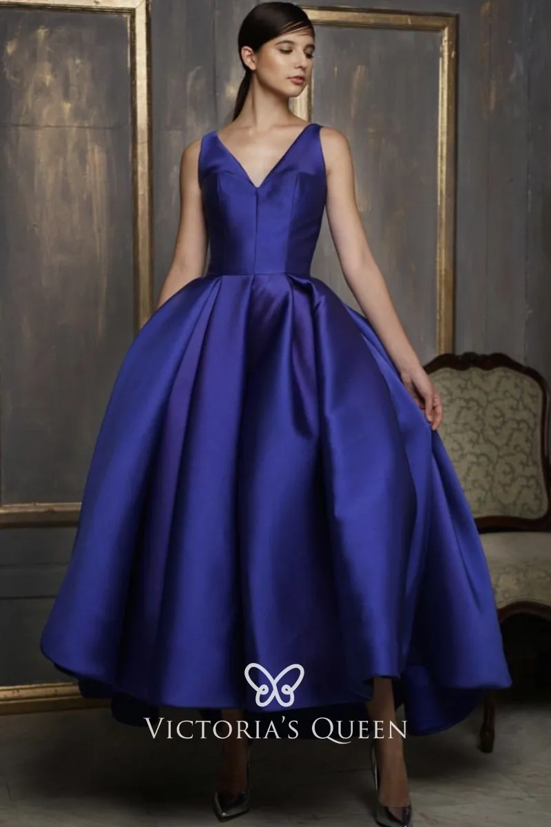 Royal Blue Satin Ruffled Puffy Anklelength Prom Dress VQ