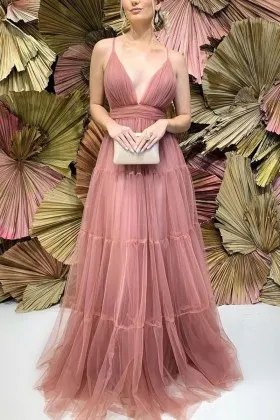 graceful dusty rose plunging neckline semi formal dress