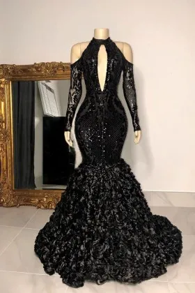 sparkly black sequin 3D rosette African American dress