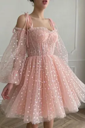 Adorable iridescent heart pink tulle short party wear dress