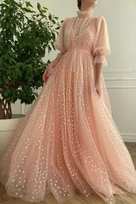 feminine pink heart printed tulle 34 puff sleeve prom dress
