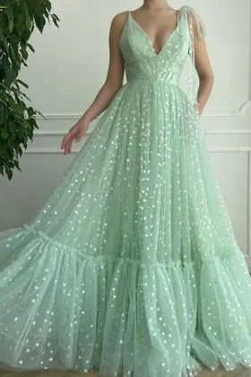 Glamorous glitter mint tulle deep V neck formal wear