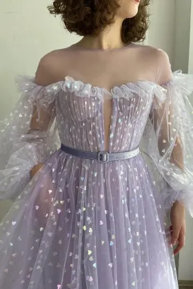 ruffled neck sleeves fairy lavender heart tulle prom dress