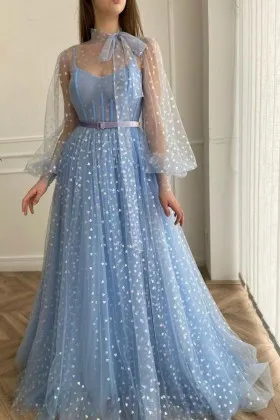 Iridescent heart blue tulle high neck with bow formal wear