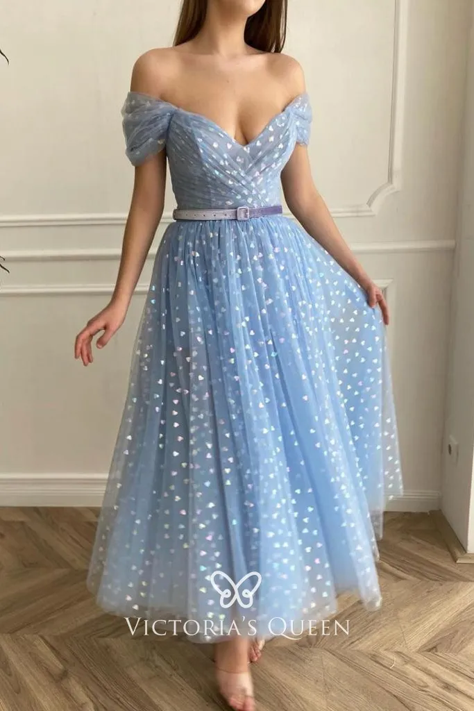 Fancy Blue Glitter Heart Tulle Ankle Length Party Dress VQ