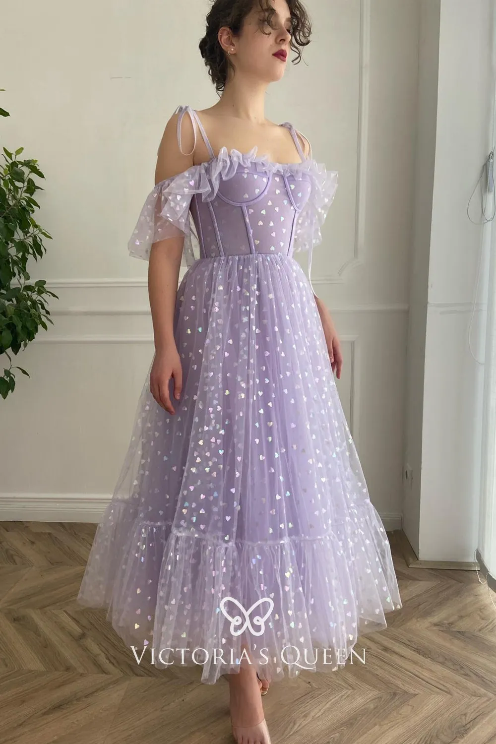 Iridescent Lilac Heart Tulle Dress Fabric by the Yard - OneYard