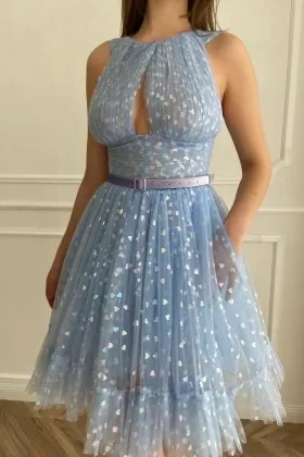 Adorable ruched glitter blue tulle short summer dress