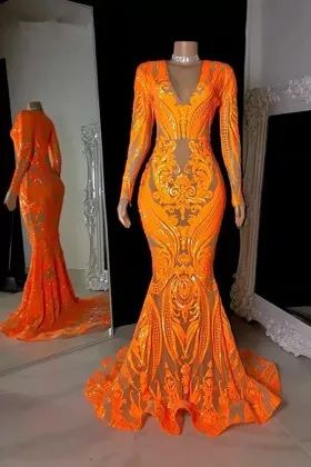 Sparkly abstract orange sequin long sleeves prom dress