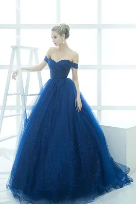 princess blue glitter off shoulder formal evening dress