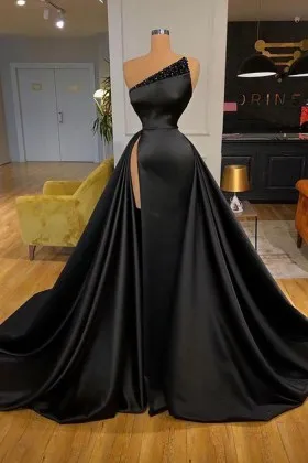 Fashion asymmetrical neck black satin beads prom dress