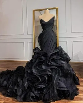 cascading ruffled black organza asymmetric prom dress
