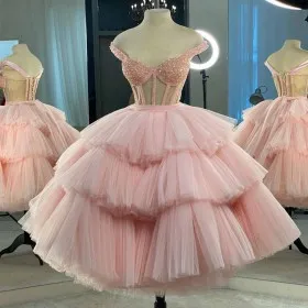 princess tiered pleated pink tulle beaded short prom ball gown dress