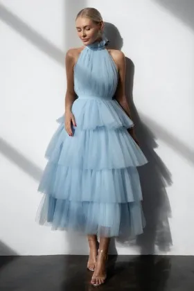 cute tiered baby blue tulle halter high neck prom dress