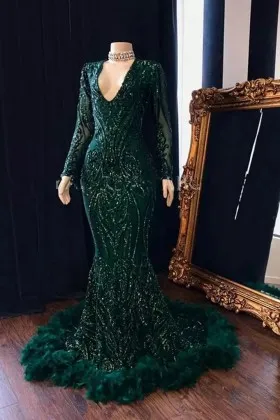 sparkly dark green sequin feather mermaid prom dress