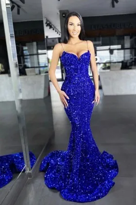 royal blue sequin body hugging mermaid long prom dress