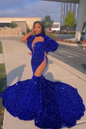 Sparkly royal blue sequin cut outs one sleeve prom dress