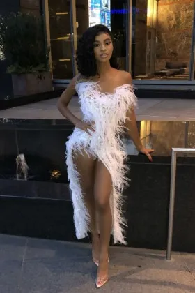 white feather glitter sexy open slit tea length dress