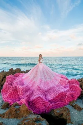 dramatic cascading tiered ruffled gradient photoshoot dress