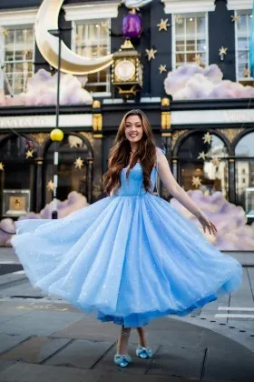 cute starry sky blue tulle ankle length birthday dress