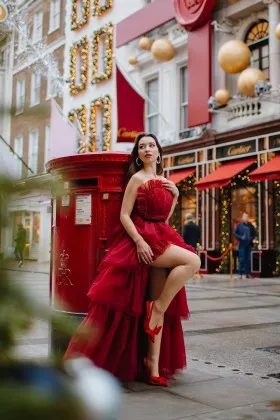 cute ruffled tiered red tulle high low christmas party dress