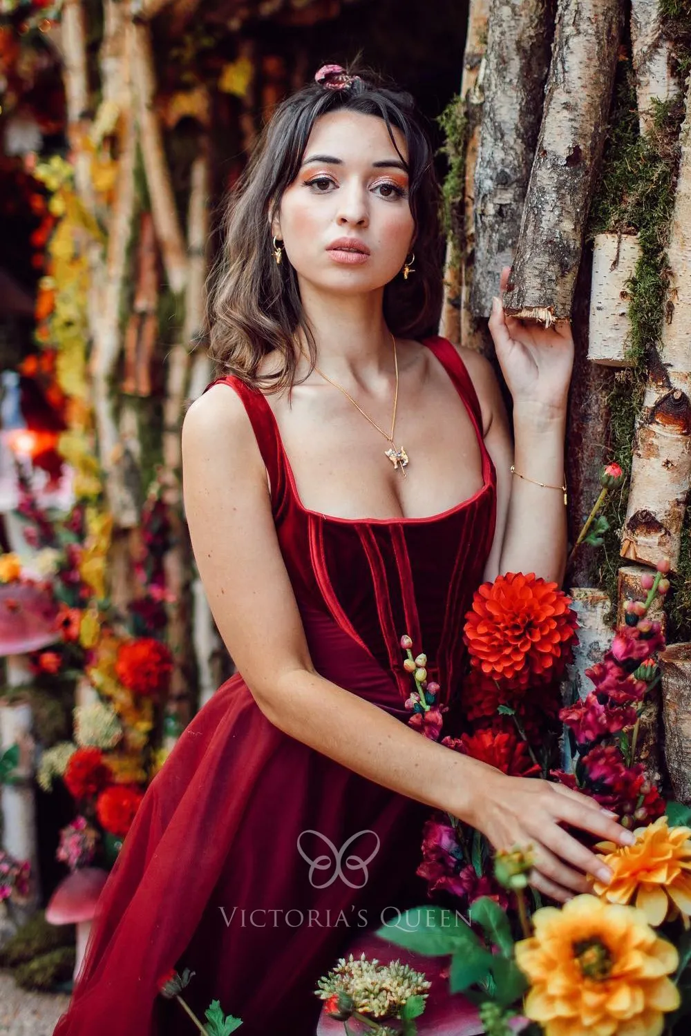 Burgundy Velvet Round Neck Vintage Dress