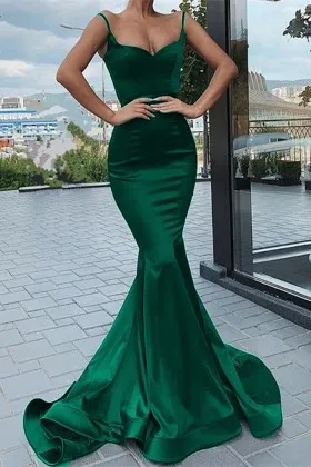 stylish emerald green satin fitted mermaid formal wear