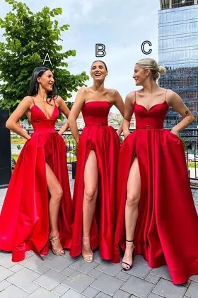 chic red satin high slit floor length A line prom dress
