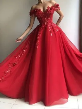 glamorous 3d appliques off shoulder red puffy formal gown