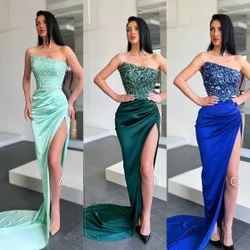 sequinned beaded satin asymmetric slit sexy prom dress