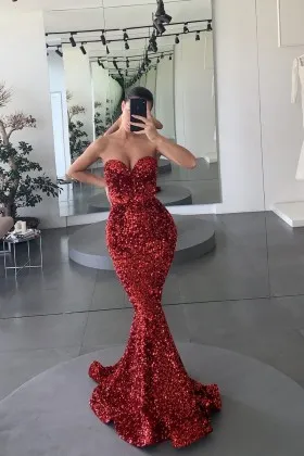 burgundy sequin strapless sweetheart mermaid prom dress