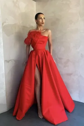 asymmetric feathers red satin slit fashion prom dress