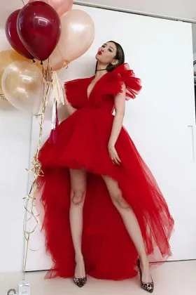 dramatic ruffles bright red tulle high low party dress