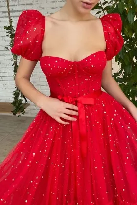 gold start red tulle short bubble sleeves dance dress