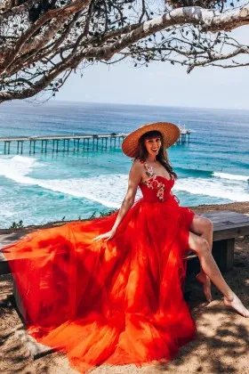 fairy red tulle with flowers beach airy engagement gown