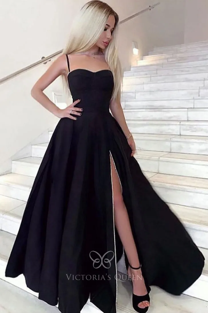 Simple Black Satin Spaghetti Straps Prom Dresses, Evening Dress With Slit, PL544 main image 1