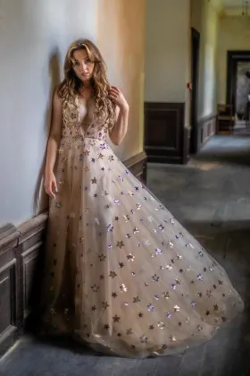V neck gold silver sequin star champagne tulle fairy prom gown