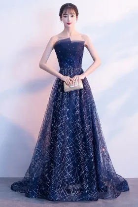 shimmering sequinned navy blue formal occasion dress