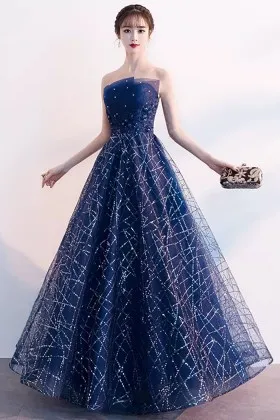 fabulous sequinned navy tulle long evening party dress