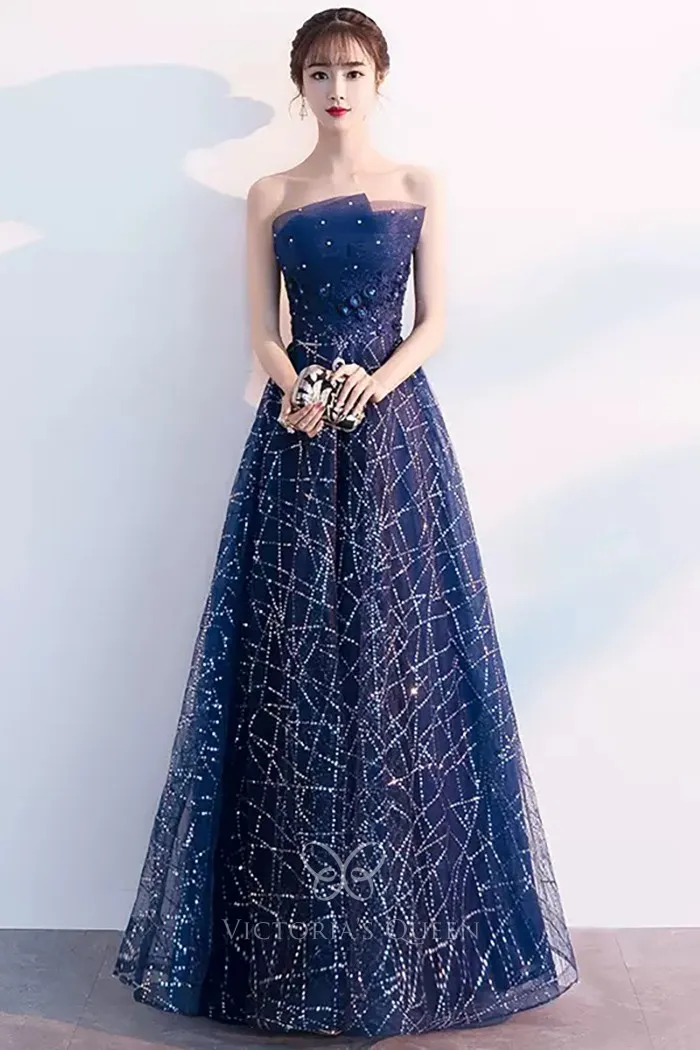 Fabulous Sequinned Navy Tulle Long Evening Party Dress - VQ