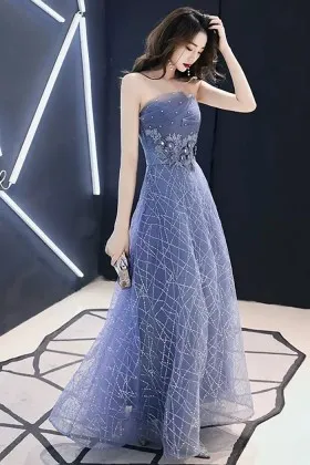 shimmer dusty blue sequin tulle strapless formal wear