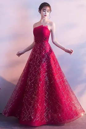 sparkle sequinned red tulle strapless prom formal dress