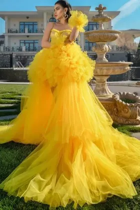 unique vibrant yellow ruffled peplum high low prom gown