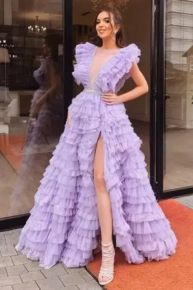 unique cute cascading tiered V neck lilac pageant dress