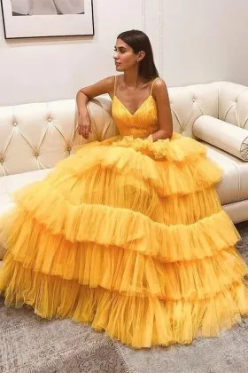 cute multi tiered pleated yellow tulle V neck prom dress