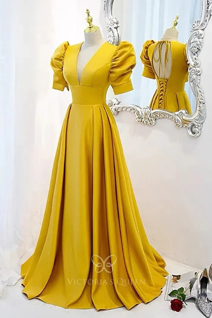 Mustard Yellow Satin Puffy Sleeves V Neck Formal Wear - VQ