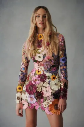 unique multi color 3D flower sheer mini cocktail dress